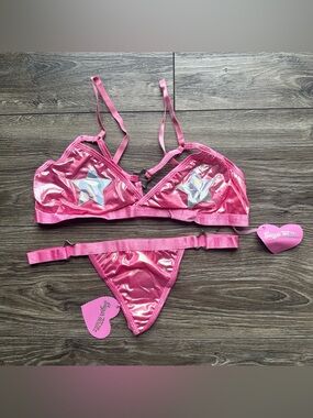 Dolls Kill Sugar Thrillz Shiny Pink Star Bralette & Thong Set Large Festival